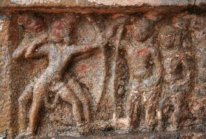 Narrative Ram katha relief from Kumbakonam (Early Chōḷa period - Late 9th Century CE) depicting Rāma (Left) learning archery from his teacher while Bharata and Laksmana watch. (Supplied)