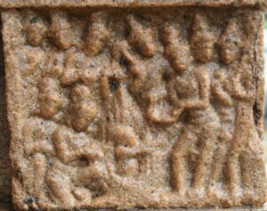 Narrative Ram katha relief from Pullamangai (Early Chōḷa period - 10th Century CE) depicting King Dasaratha receiving pinda from the divine goblin emerging out of fire from the sacrificial altar. (Supplied)
