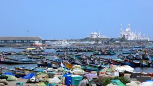 Small motorised boats docked in Vizhinjam harbour, Thiruvananthapuram. Often fishing is restricted during the monsoon