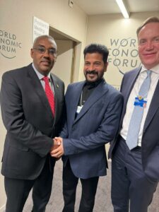 Telangana CM Revanth Reddy meets Ethiopia's Deputy Prime Minister Demek Mekonnen Hassen at the WEF on Monday. (Supplied)