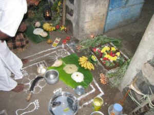 Sugarcanes, turmeric, and other offerings are placed on this kolam along with an aruval (Long sickle). (Supplied)