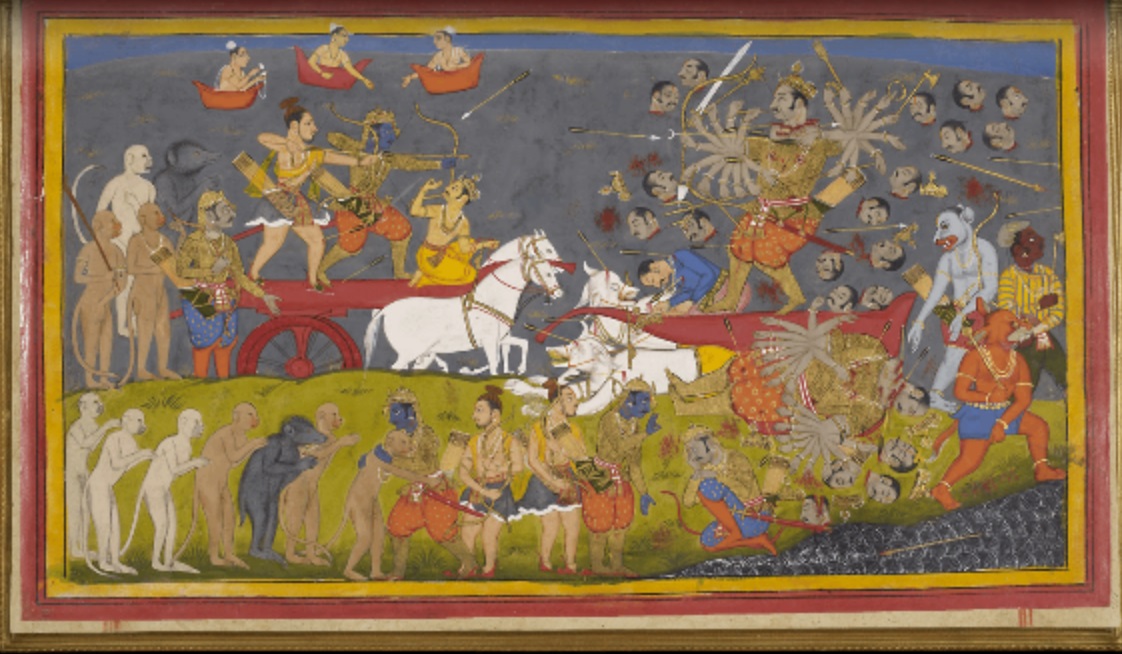 The teacher, now dismissed, reportedly told students that the Ramayana and Mahabharata are imaginary. (Rama kills Ravana, a painting by artists in the the 17th century Kingdom of Mewar/British Library/Wikimedia Commons)