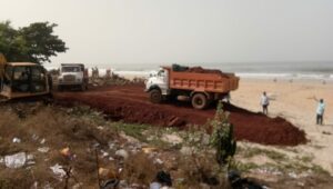 The Kutcha road being made by dumping debris in June 2021 on the nesting grounds of the Olive Ridley Turtles on the beach
