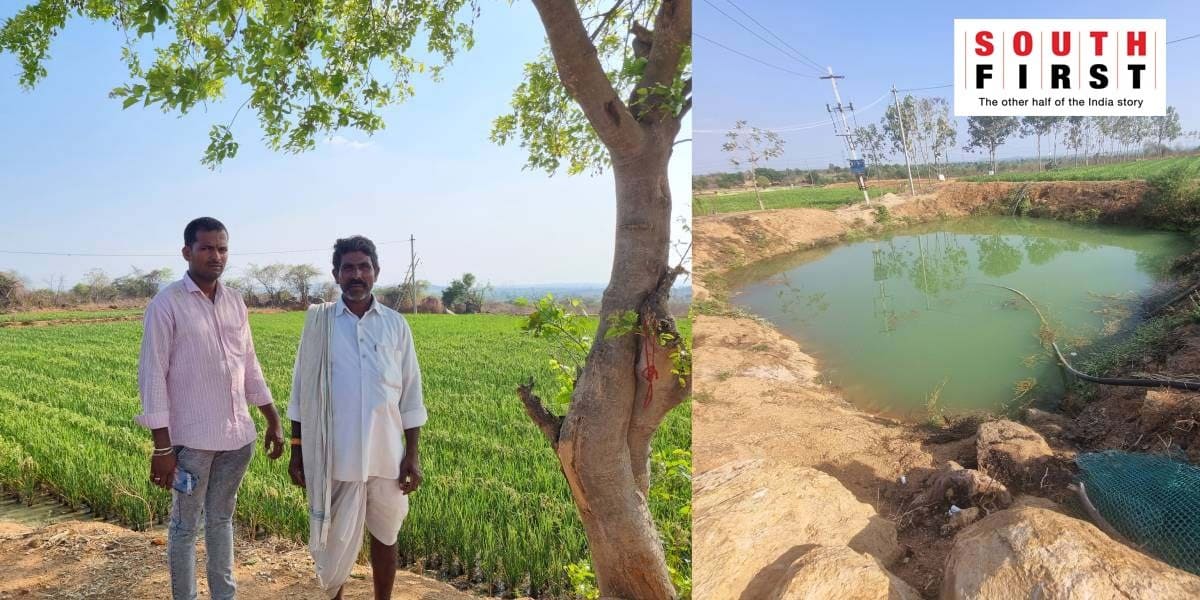 E Srikanth and K Manja. (Right) A farm pond. (Deepika Pasham/ South First)