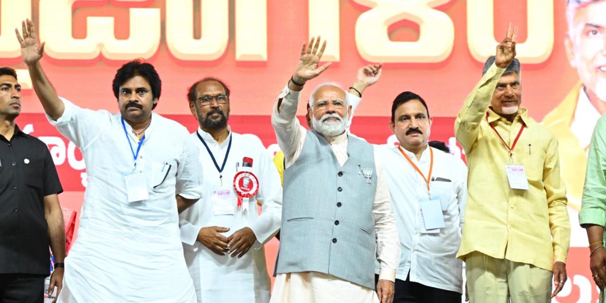 From left: Jana Sena chief Pawan Kalyan, Prime Minister Narendra Modi, and TDP chief N Chandrababu Naidu at a public meeting at Boppudi in the Chilakaluripeta Assembly Constituency of in Andhra Pradesh on Sunday, 17 March, 2024.