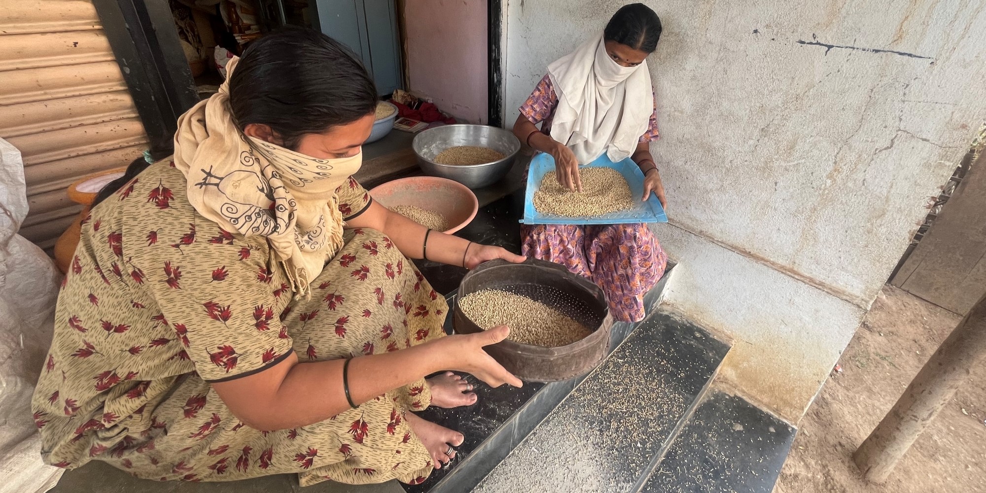 Two women clean sorghum to take it for flour mill in North Karnataka.