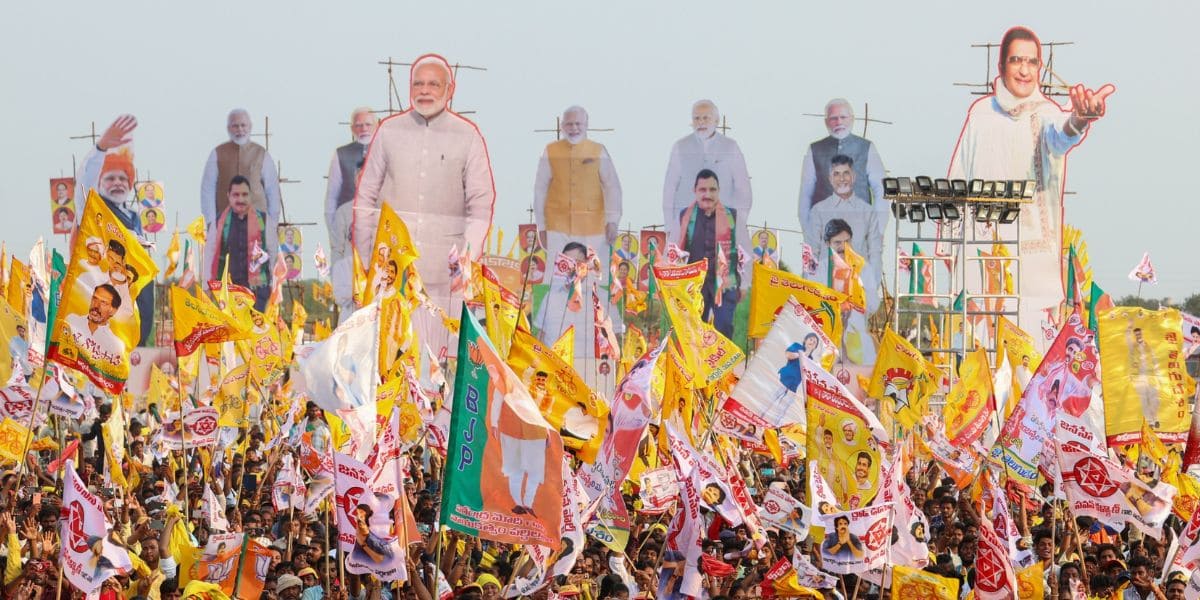 PM Modi, NTR and TDP & BJP flags from Chilakaluripet meeting. (Supplied: PM Modi on X)