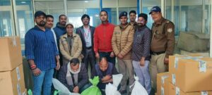 The team that raided Nectar Herbs and Drugs with the accused Vishad Kumar and Sachin Kumar. (Supplied)