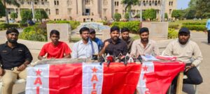 Students, who are part of the All India Students' Federation (AISF), held a press conference regarding the professors promotion row. (Supplied) 