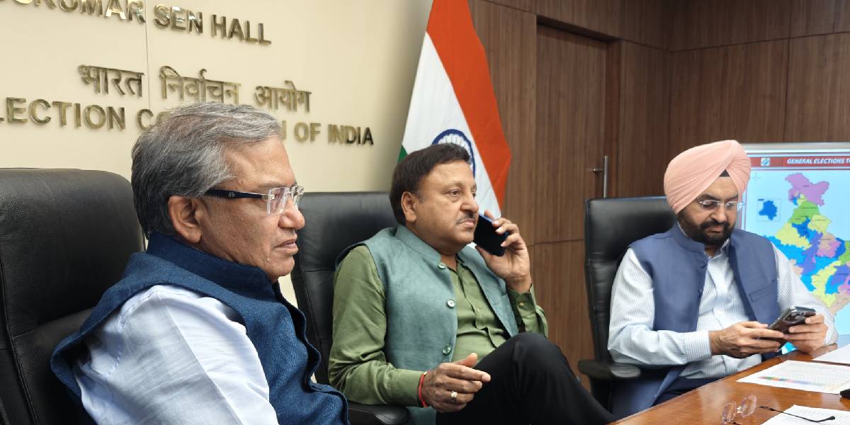 The Commission led by CEC Rajiv Kumar (center) and ECs Gyanesh Kumar (left) and Sukhbir Singh Sandhu monitoring the progress of phase 1 polling of general elections at the ECI headquarters in New Delhi on Friday. (X)