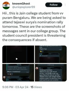Jain College Tejasvi Surya Poll Rally Bangalore South Election Commission of India