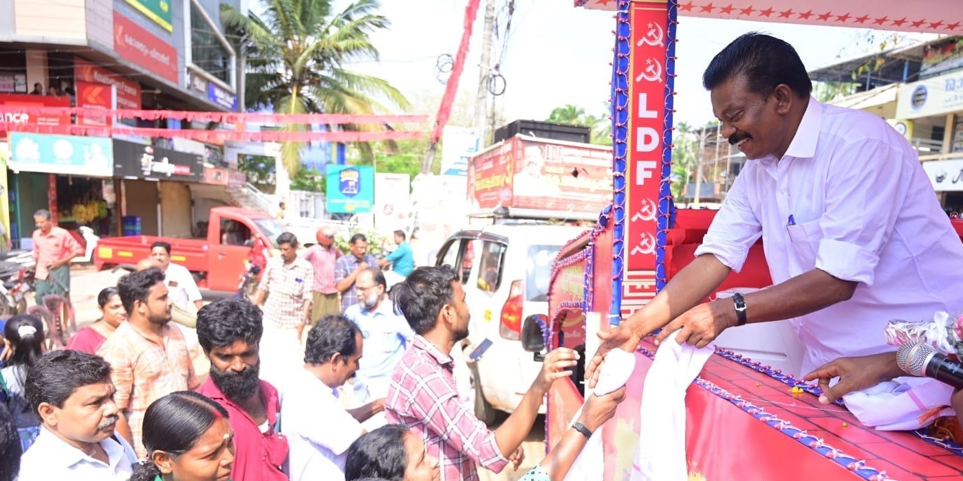 K Radhakrishnan during his campaigning in Alathur. (Facebook)
