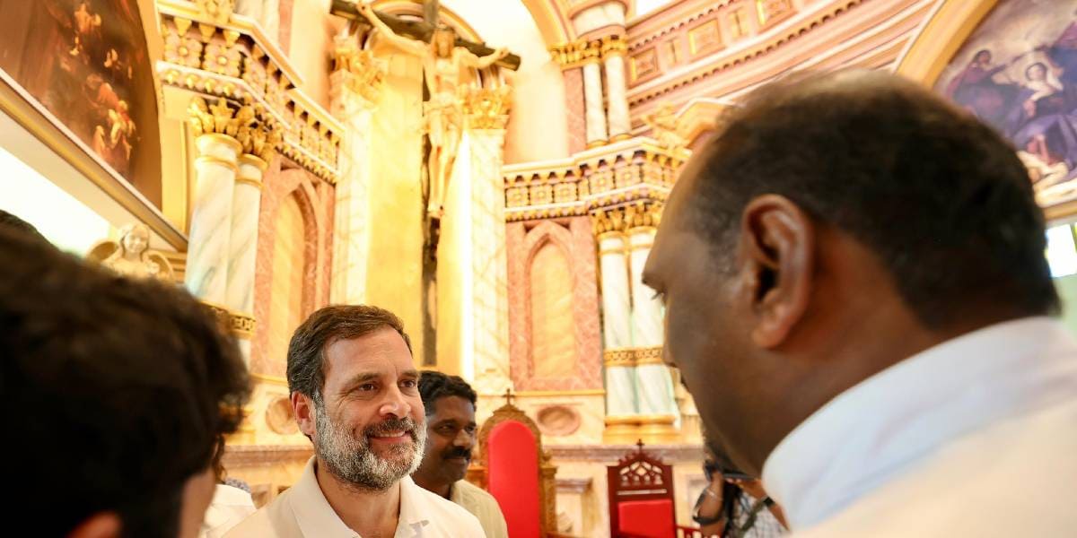 Rahul Gandhi at the Immaculate Conception Church, a newly constructed Latin church, at Mananthavady in Wayanad during his ongoing visit to Kerala. (X)