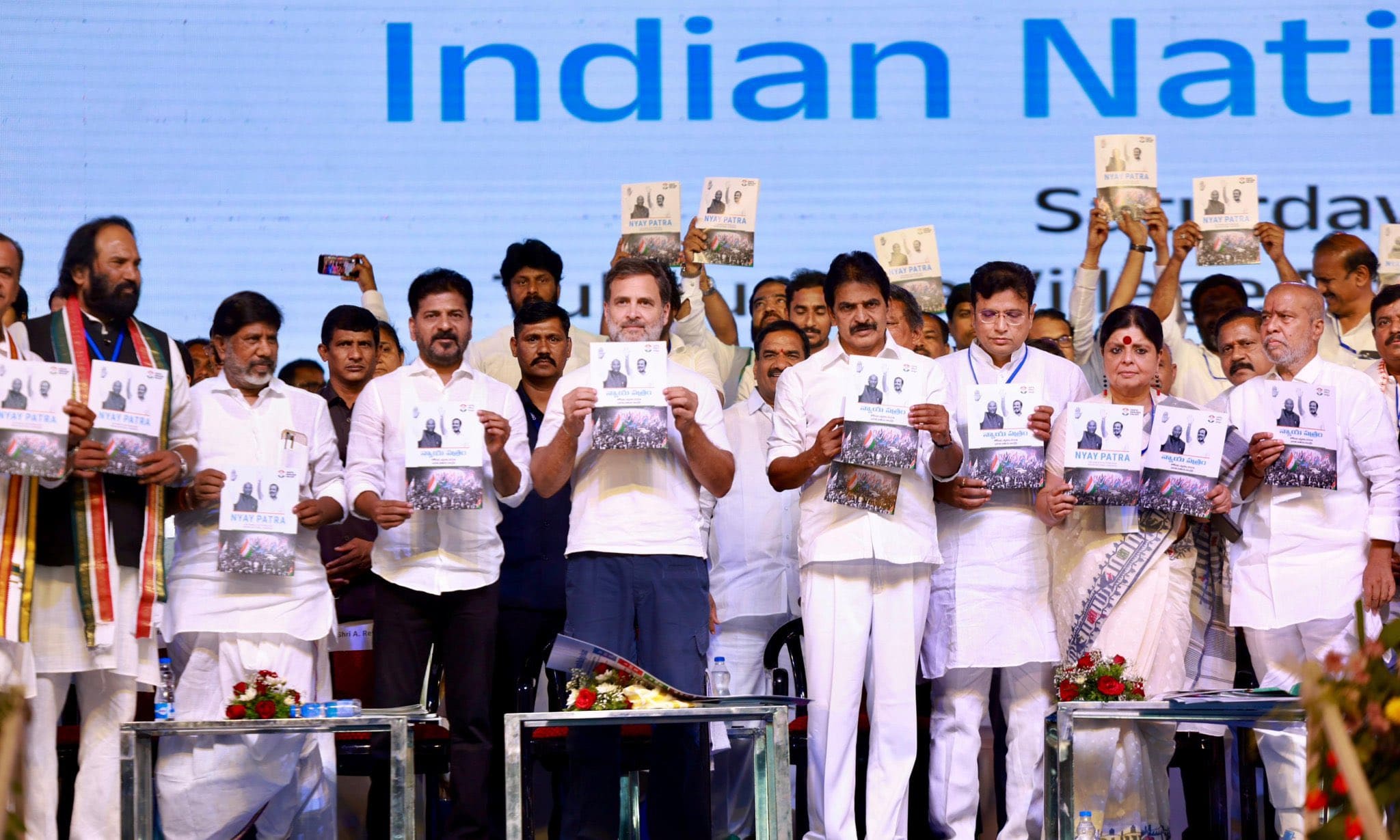 Rahul Gandhi releasing the Congress poll manifesto in Hyderabad on Saturday. (X)