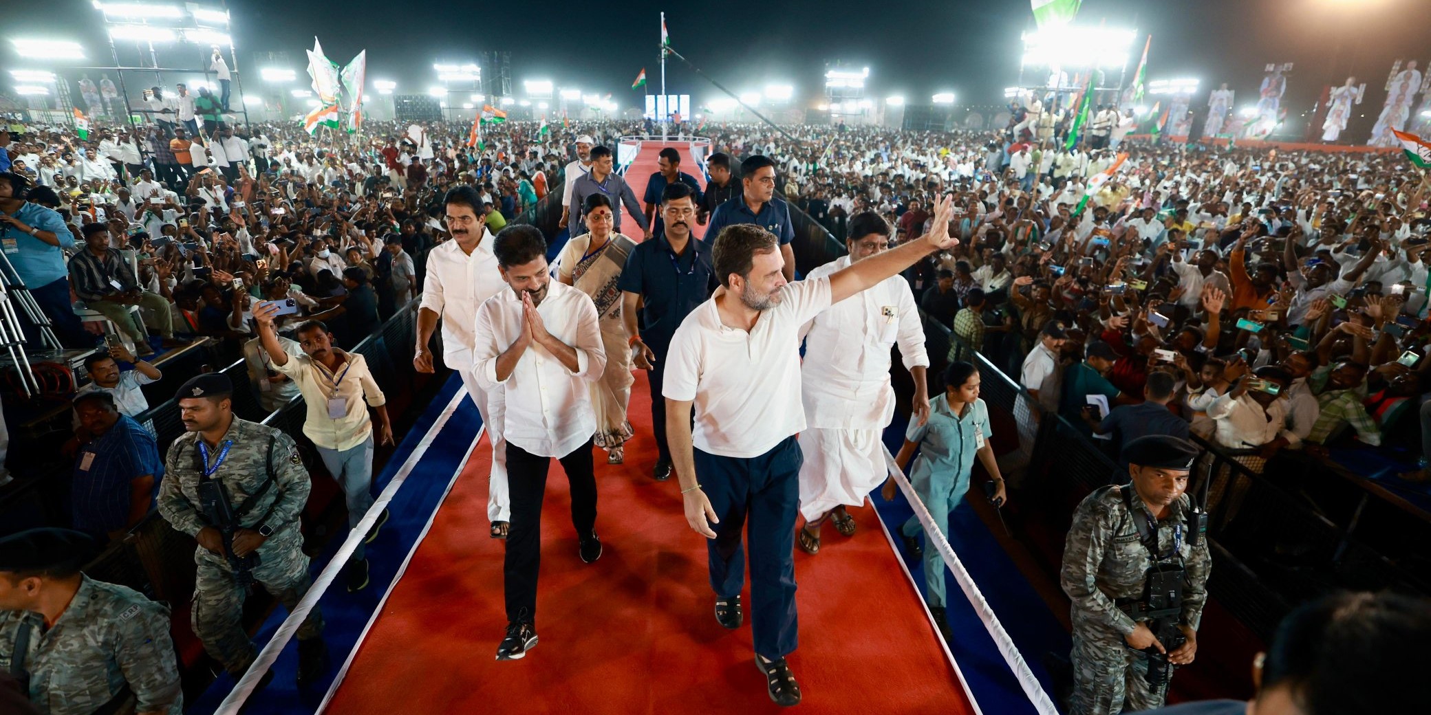 Rahul Gandhi with Telangana Chief Minister and TPCC chief A Revanth Reddy on Saturday, 6 April, 2024.