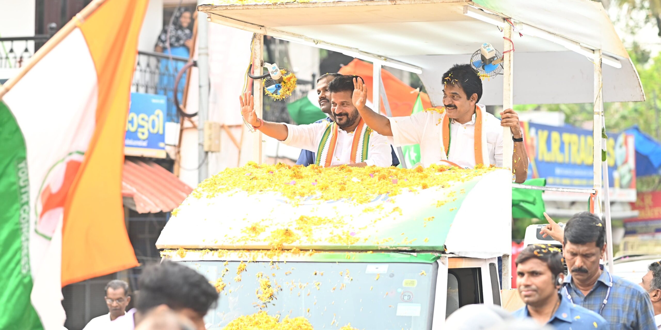 Revanth Reddy with KC Venugopal during a campaign rally in Alappuzha in Kerala. (X)