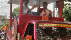 LDF candidate KK Shailaja campaigning at Thalassery on 21 April. (South First) 