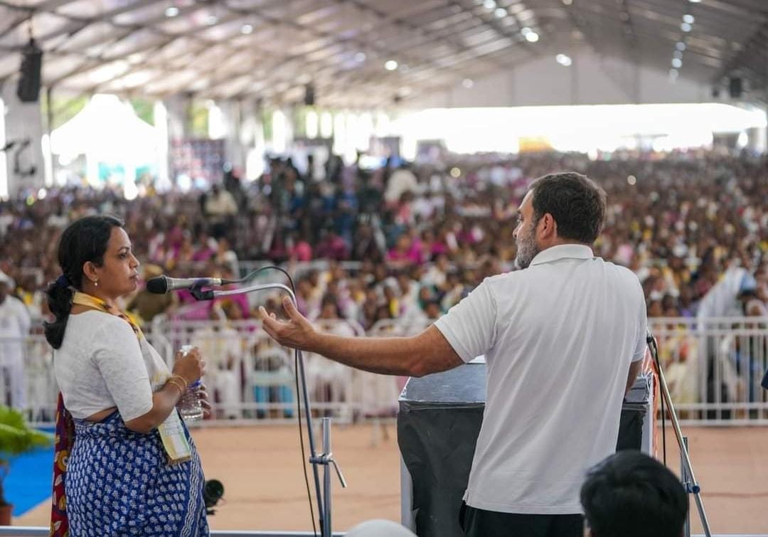 Translators like Soya Joseph (pictured with Rahul Gandhi) are tasked with the formidable challenge of unravelling the complexities of language to convey the essence of these speeches to the regional audience. (Supplied)