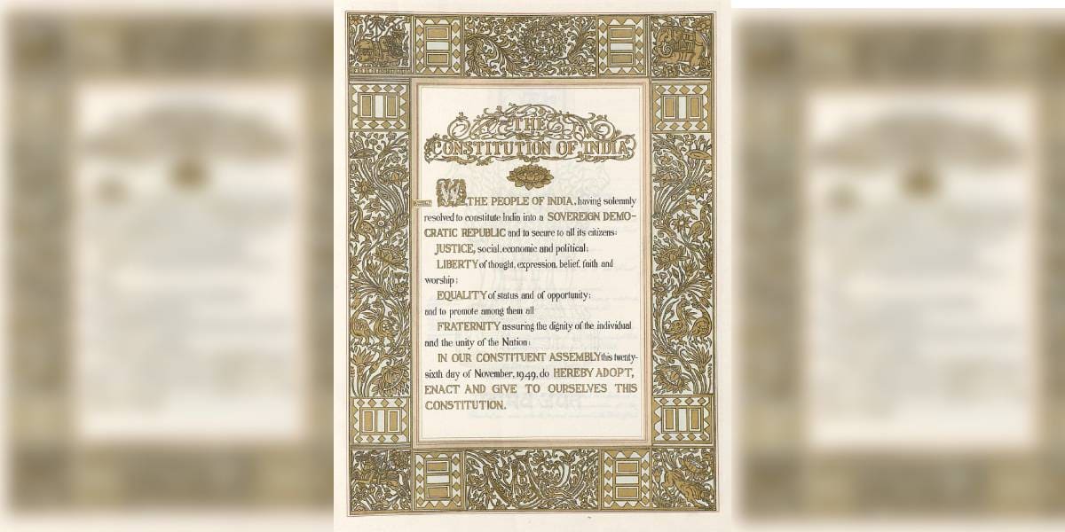 Original text of the preamble. Beohar Rammanohar Sinha was the artist for the original manuscript calligraphed by Prem Behari Narain Raizada. (Wikimedia)