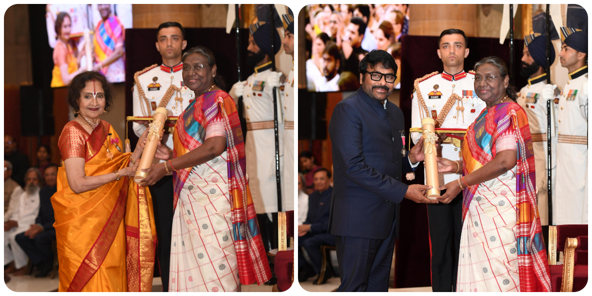 Vyjayanthimala and Chirenjeevi receive the Padma Vibhushan from President Droupadi Murmu in New Delhi on Thursday, 9 May, 2024.